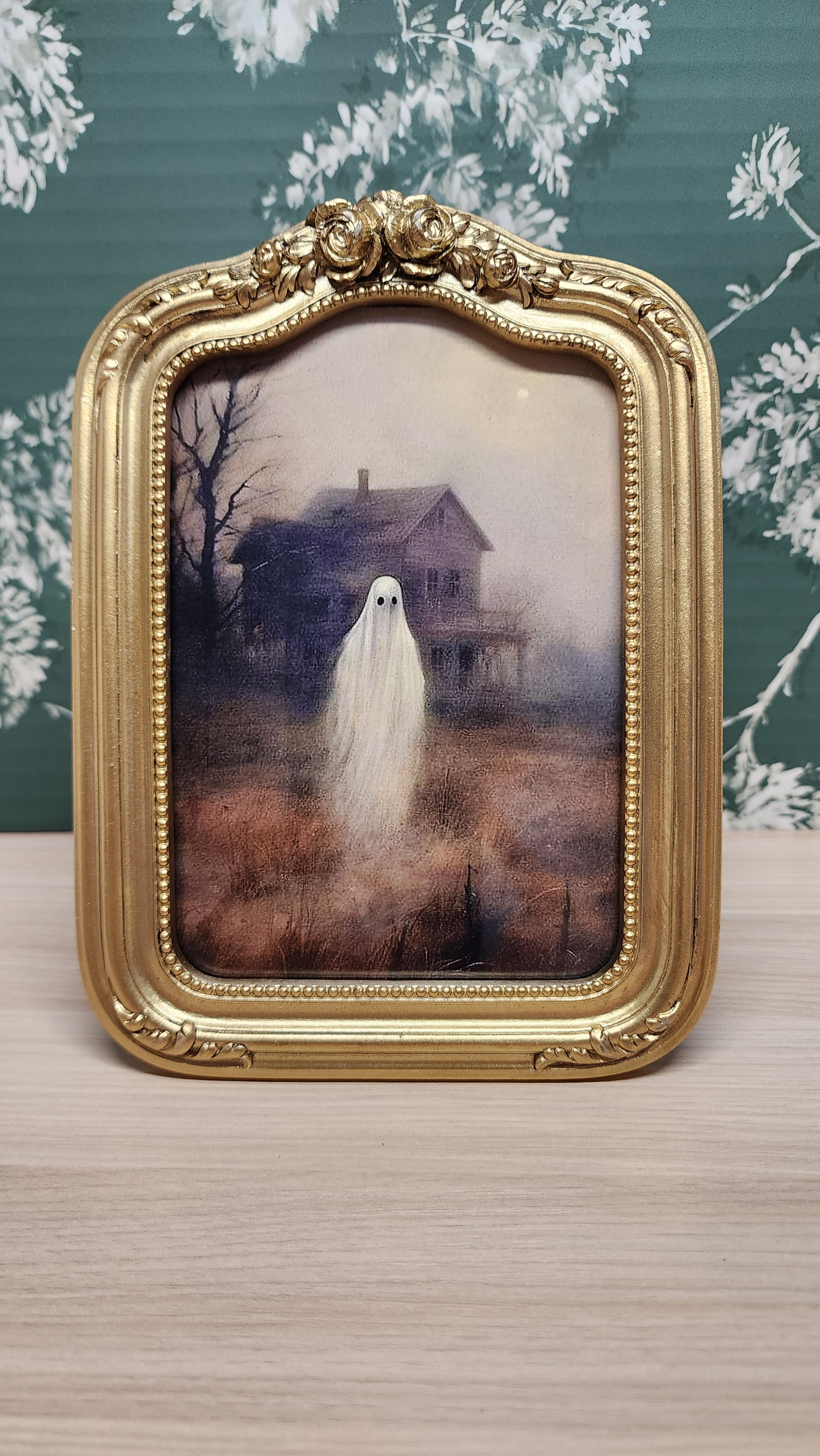 Lone Ghost Haunted House Gold Rose Frame